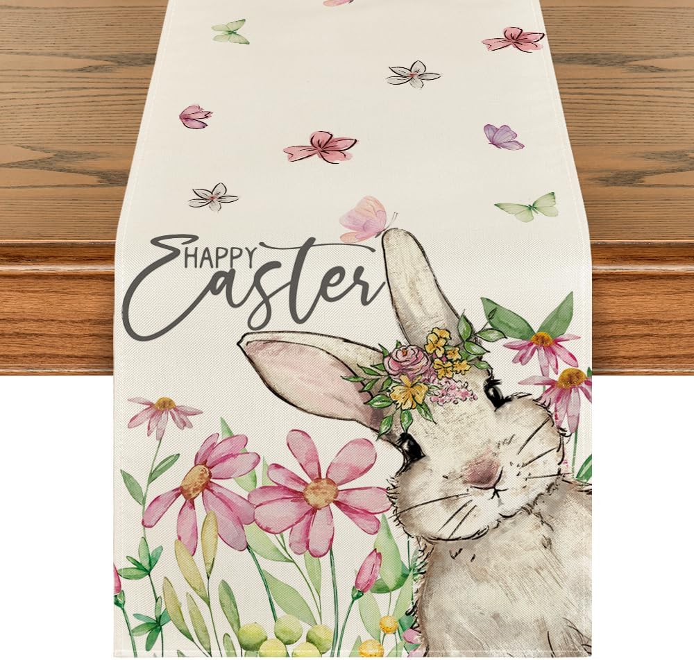 Daisy Bunny Rabbit Easter Table Runner, Seasonal Spring Kitchen Dining Table Decoration for Home Party Decor 13x72 Inch