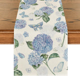 Hydrangea Butterfly Summer Table Runner, Seasonal Spring Holiday Kitchen Dining Table Decoration for Home Party Indoor 13x72 Inch