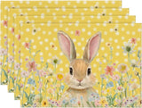 Yellow Bunny Polka Dot Easter Placemats Set of 4, 12x18 Inch Flower Seasonal Spring Holiday Table Mats for Party Kitchen Dining Decoration