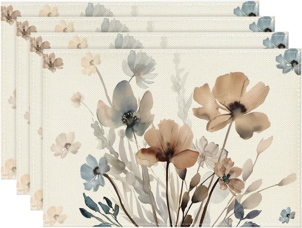 Brown Poppy Floral Leaves Fall Placemats Set of 4, 12x18 Inch Seasonal Spring Table Mats for Party Kitchen Dining Decoration