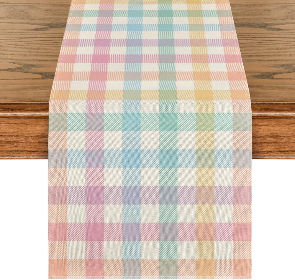 Blue Pink Yellow Buffalo Plaid Easter Table Runner, Daily Holiday Check Kitchen Dining Table Decoration for Home Party Outdoor 13x72 Inch