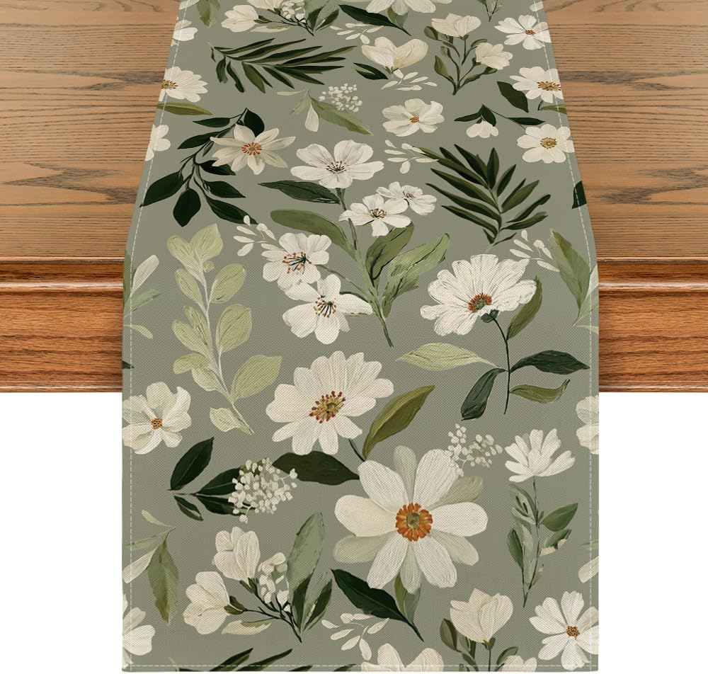 Olive Green Daisy Flowers 210 GSM Spring Table Runner, Seasonal Summer Kitchen Dining Table Decoration for Home Party Decor 13x72 Inch