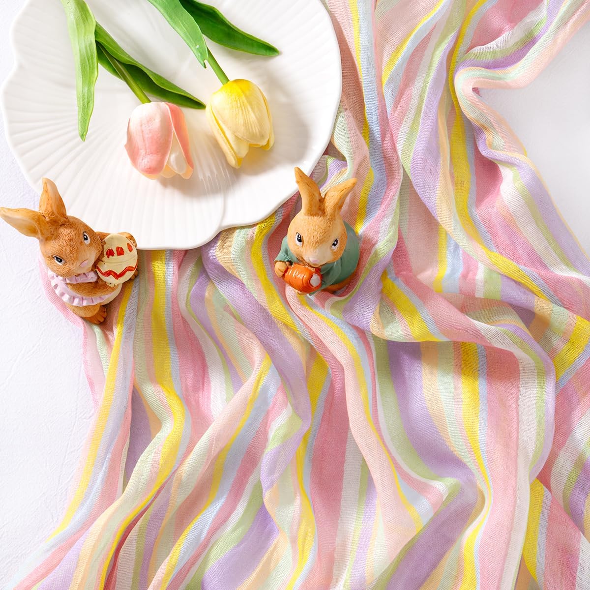 Easter Spring Table Runner Pastel Stripe Floral Cheesecloth Gauze 120 Inch Rustic Boho Cheese Cloth Runner for Wedding Party Baby Bridal Shower Decoration Holiday Home Decorations