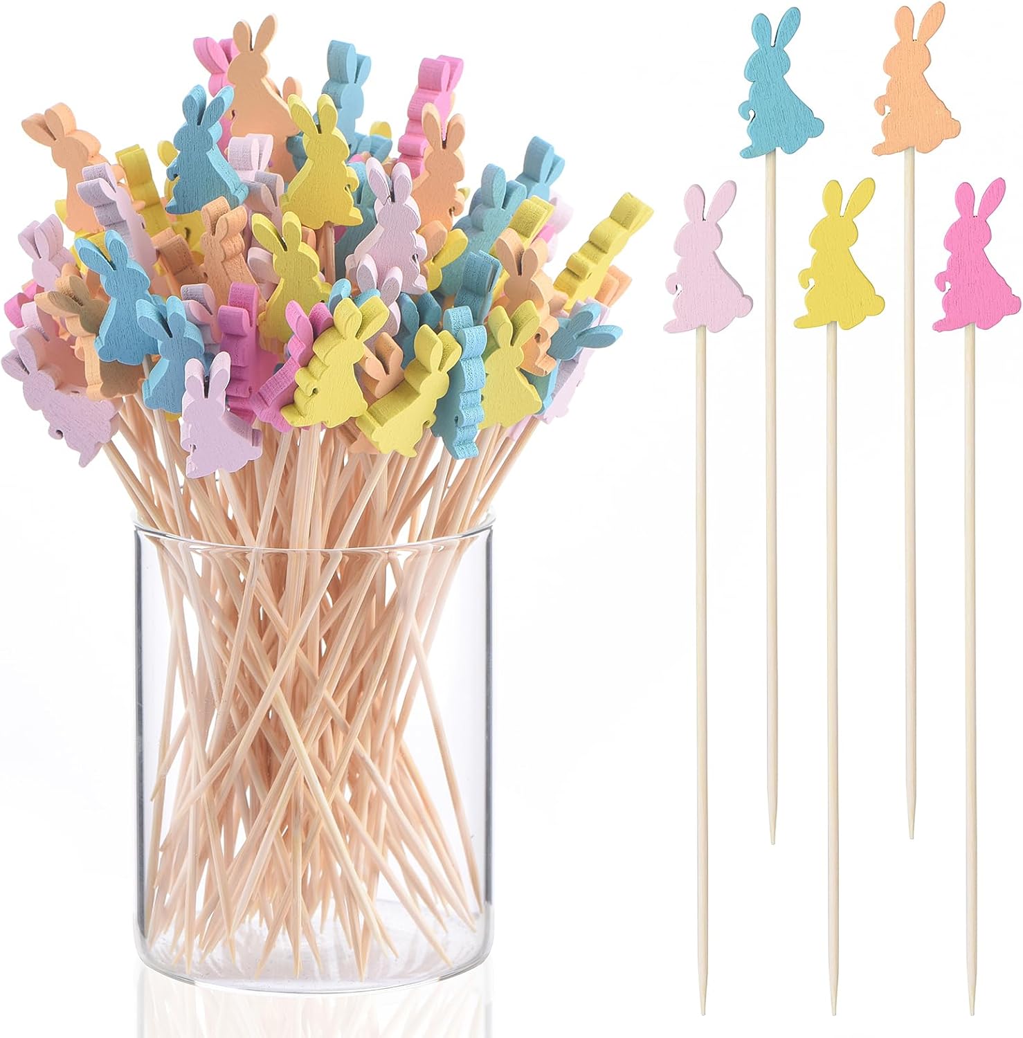 100 Pack Easter Toothpicks for Appetizers, 4.7 Inch Natural Bamboo Cocktail Picks for Cake Dessert Food Fruit Easter Party Decorations