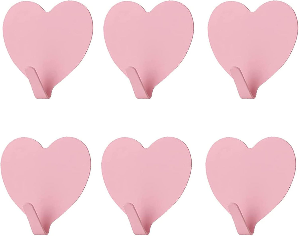6 Pack Heart Shaped Decorative Wall Hooks, Stainless Steel Strong Adhesive Wall Hook for Home Kitchen Bathroom Office (Light Pink)