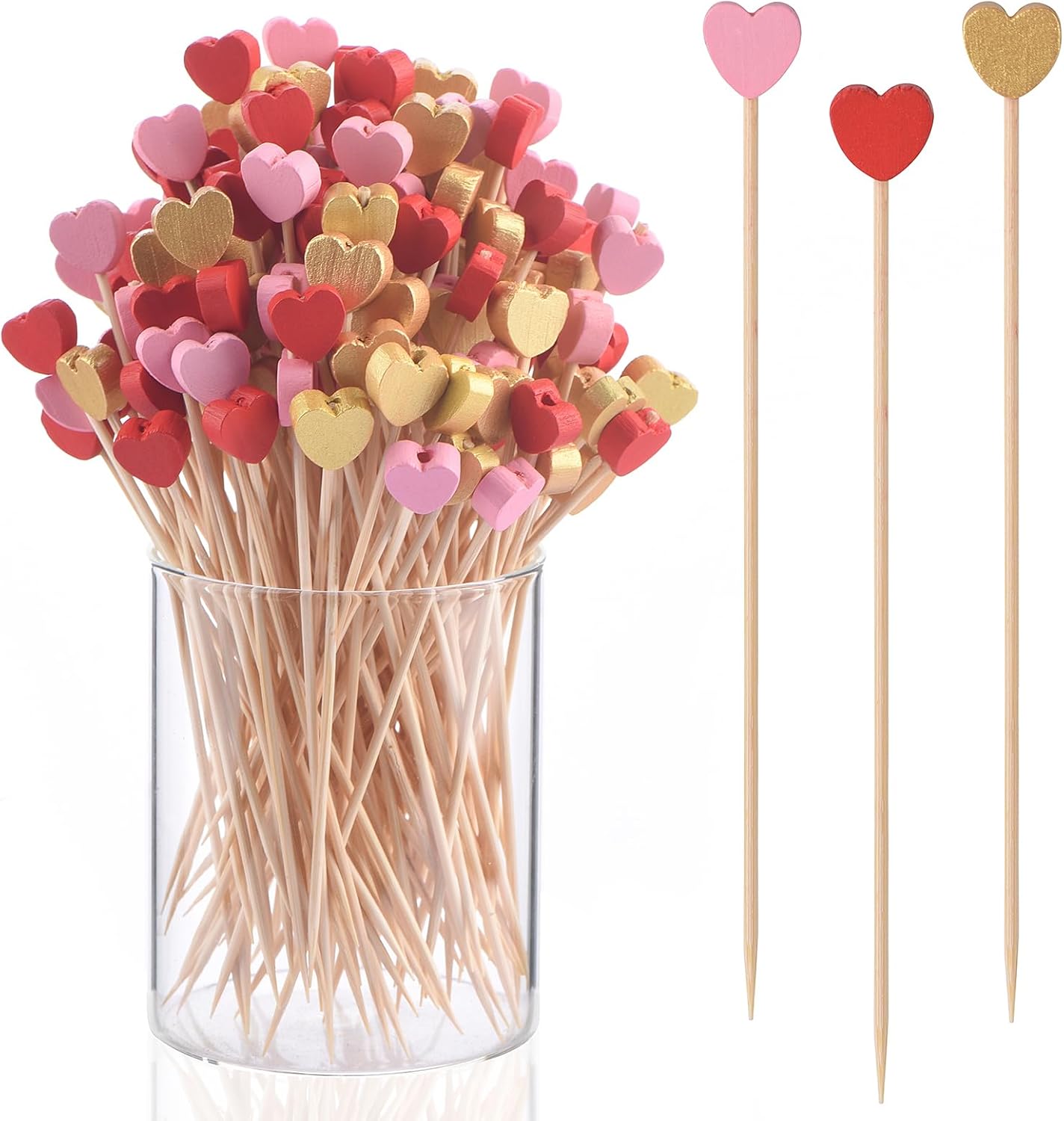 100 Pack Heart-Shaped Bamboo Cocktail Picks, 4.7" Heart Toothpicks for Appetizers, Natural Bamboo Food Picks for Valentines Wedding Birthday Party Decoration