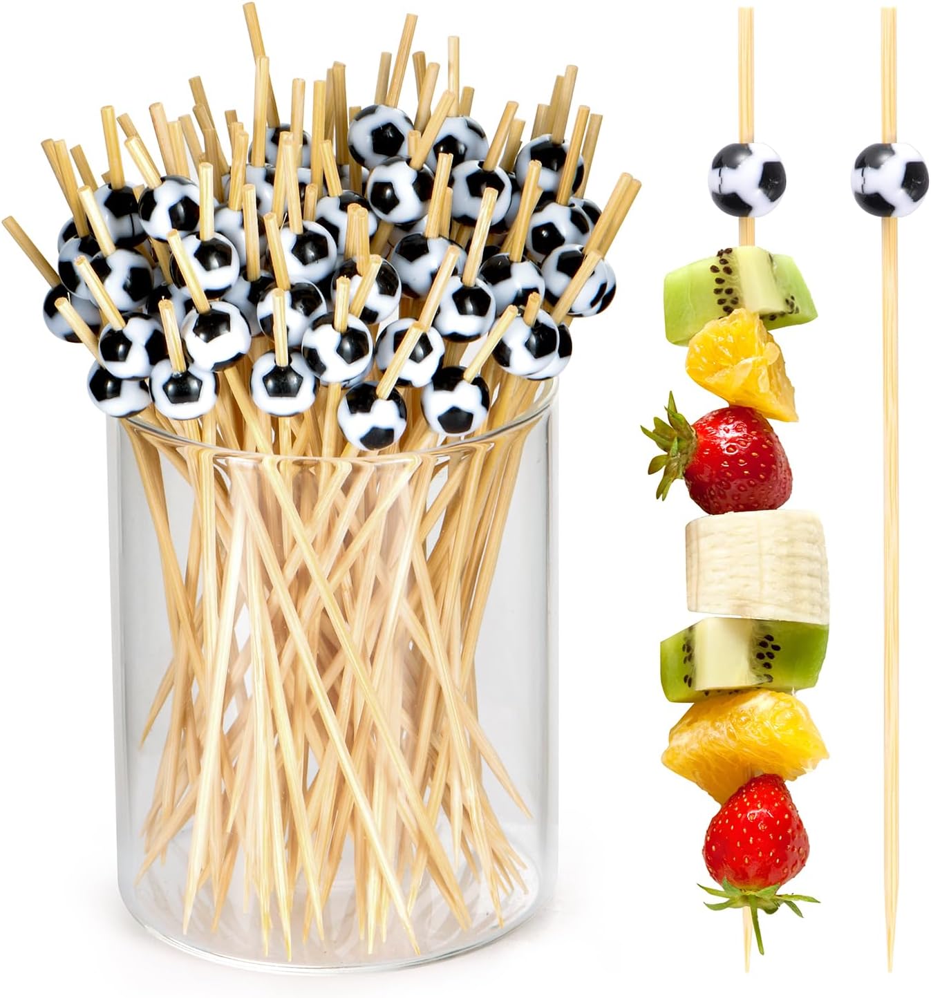 100 Pcs Soccer Toothpicks for Appetizers, 4.7 Inch Football Cocktail Picks for Party Decoration, Bamboo Appetizer Skewers for Charcuterie Sandwich Burgers Fruit Drinks Party (Black)