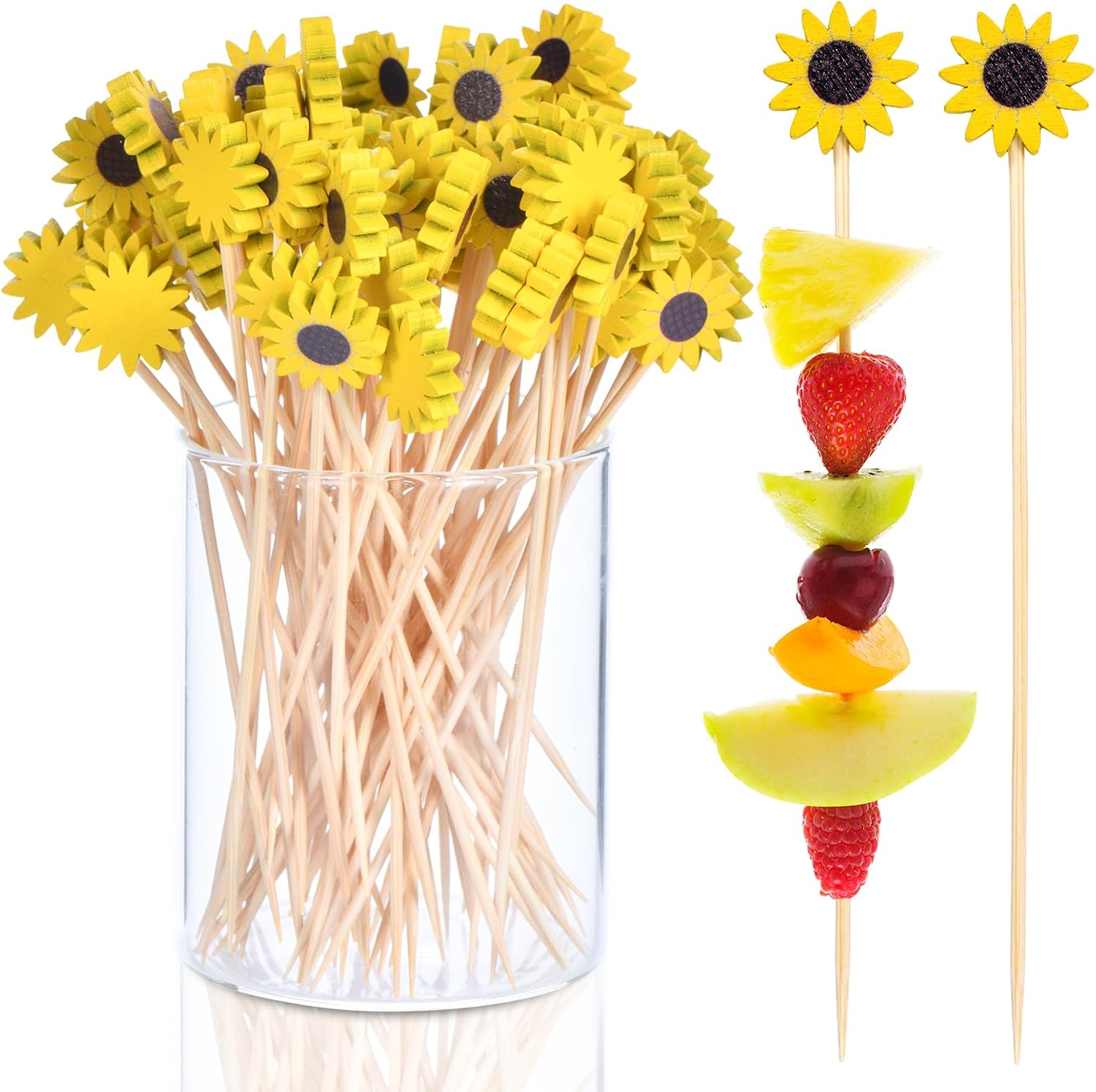 100 Pcs Flower Toothpicks for Appetizers, 4.7 Inch Fancy Cocktail Picks for Party Decoration, Bamboo Appetizer Skewers for Charcuterie Sandwich Burgers Fruit Drinks Party (Yellow)