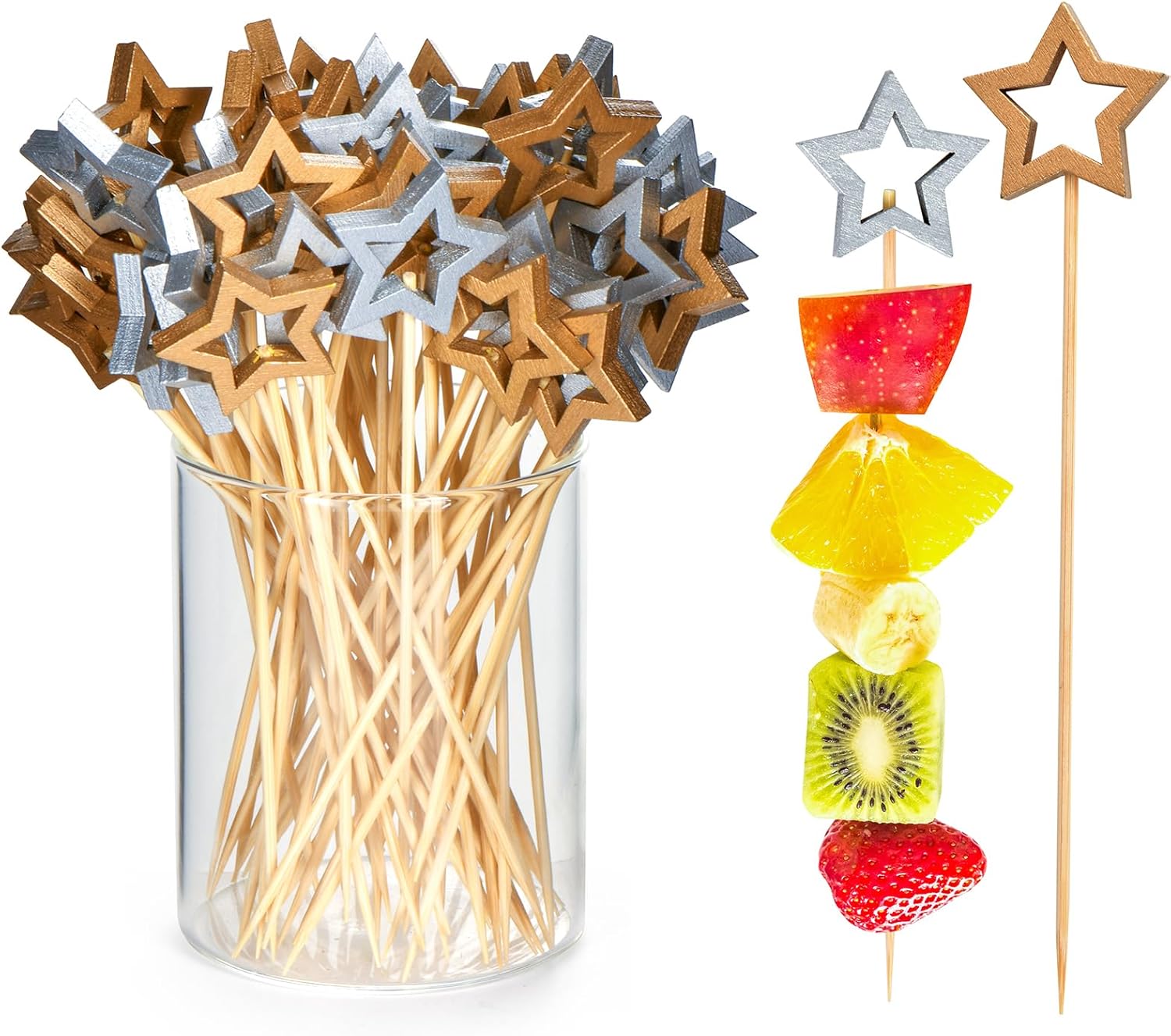 100 Pack Star Toothpicks for Appetizers, 5.5 Inch Natural Bamboo Cocktail Picks for Cake Dessert Food Fruit Christmas Party Decorations (Two-Color)