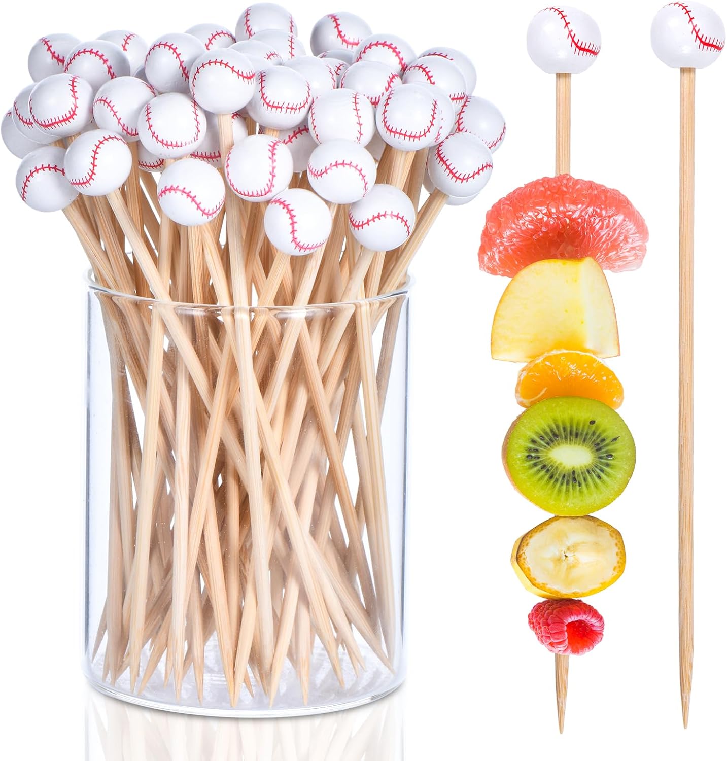 100 Pack Baseball Toothpicks, 4.7 Inch Bamboo Cocktail Picks, Bamboo Toothpicks for Drinks Dessert Wedding Birthday Party