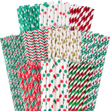 Christmas Paper Straws, Stripe Holiday Straws Bulk in 10 Styles for Drinking, Xmas Party Supplies, DIY Crafts, 125PCS