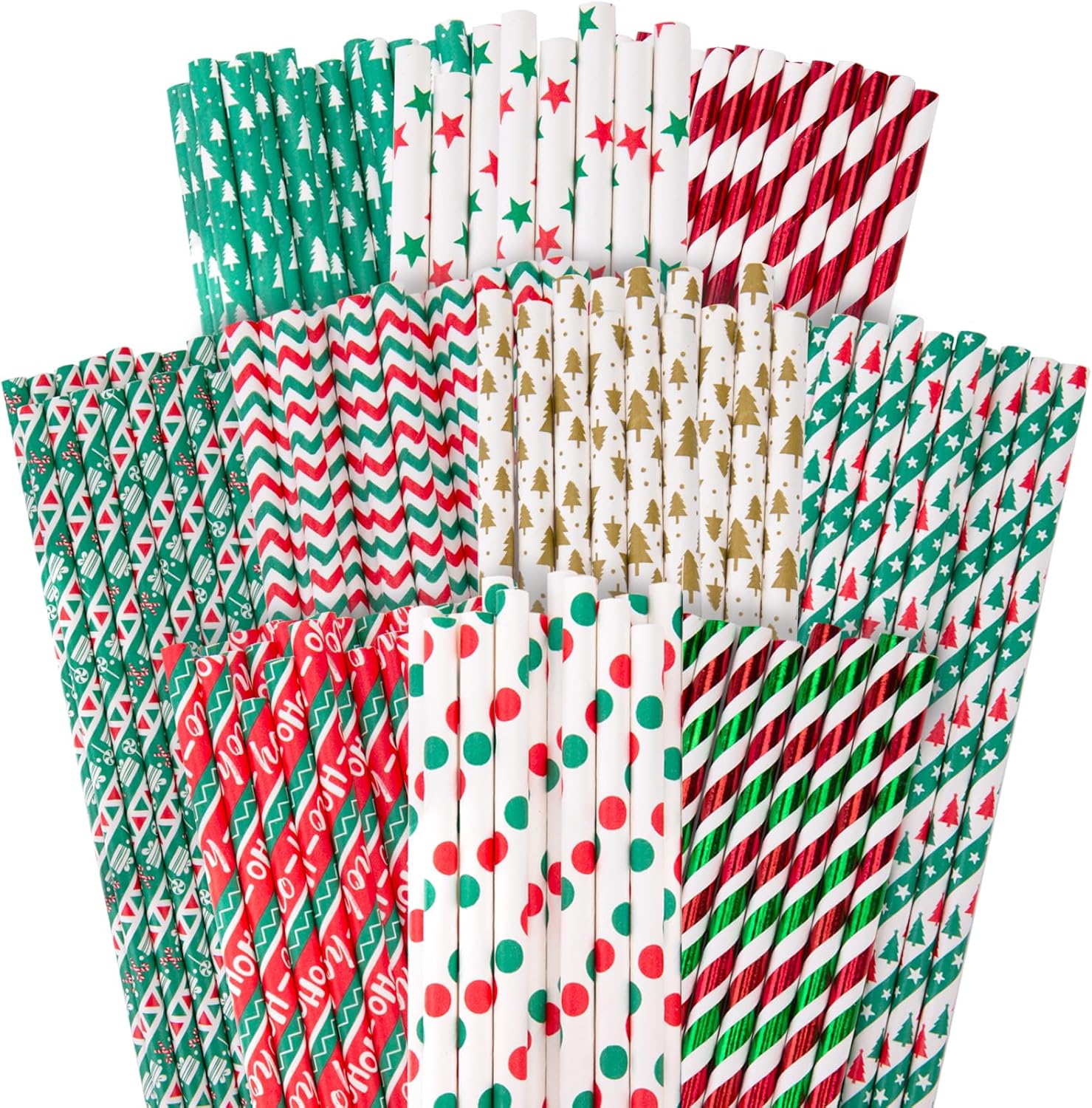 Christmas Paper Straws, Stripe Holiday Straws Bulk in 10 Styles for Drinking, Xmas Party Supplies, DIY Crafts, 125PCS