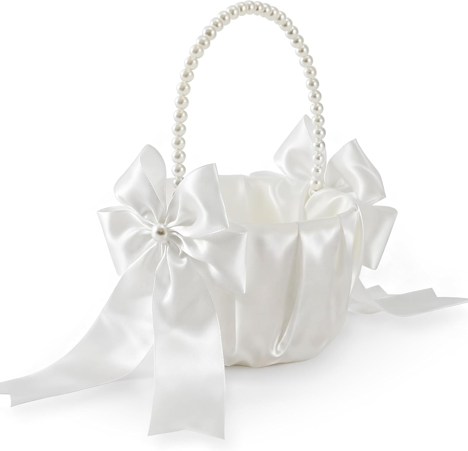 Wedding Flower Girl Basket - Elegant Pearl Handle with Bow Decoration, Ivory Color - 5.1" Diameter, Perfect for Flower Girls, Weddings, and Parties
