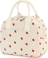 Insulated Straerry Lunch Bag for Women, Stylish Corduroy Tote with Aluminum Lining, Large Capacity Reusable Cooler for Work, Travel, Beach or Picnic, Beige Cream Water-Resistant Lunch Box