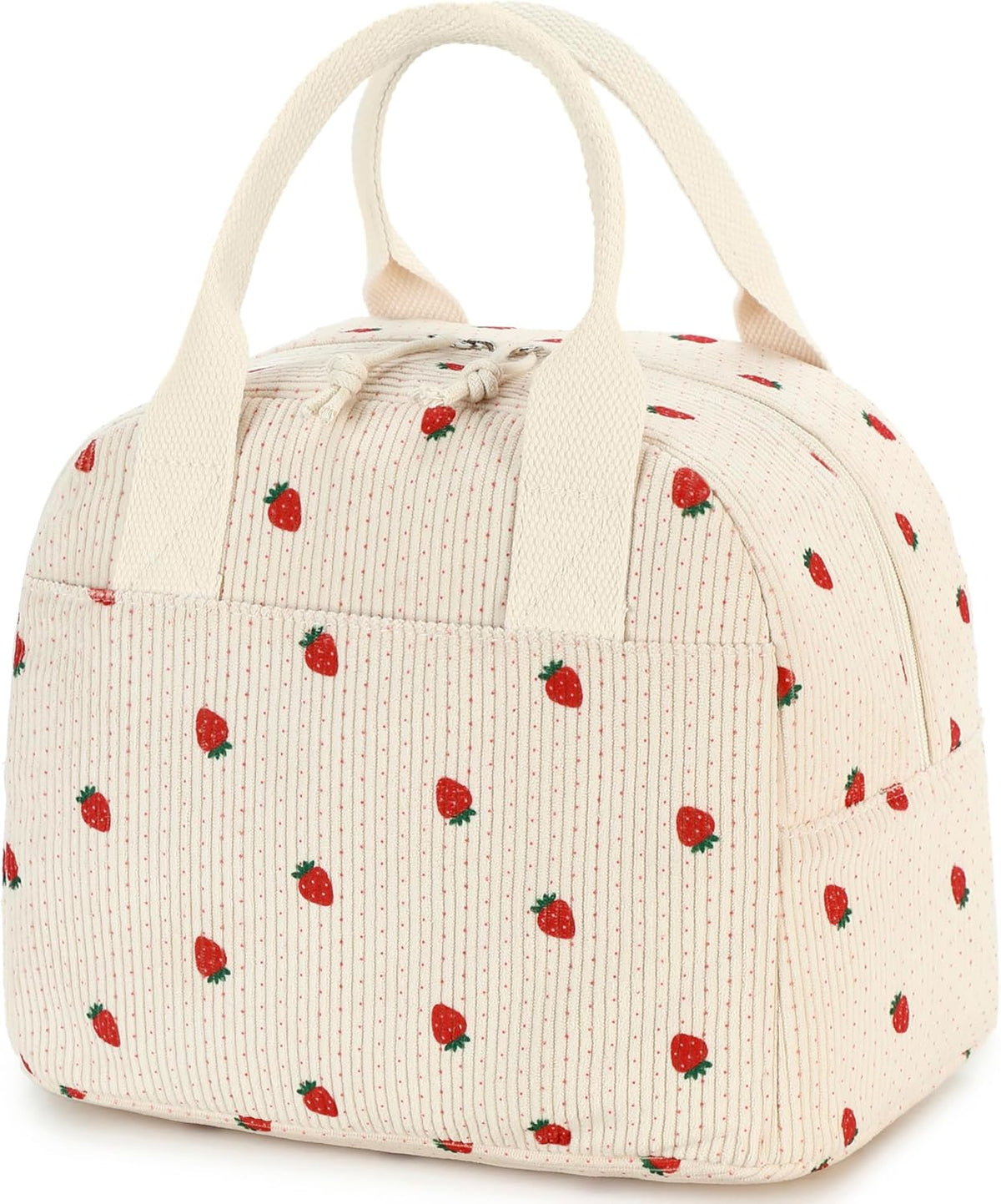 Insulated Straerry Lunch Bag for Women, Stylish Corduroy Tote with Aluminum Lining, Large Capacity Reusable Cooler for Work, Travel, Beach or Picnic, Beige Cream Water-Resistant Lunch Box