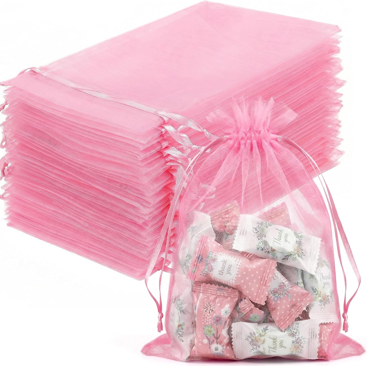100 Pcs Pink Organza Bags 5x7 in, Small Mesh Drawstring Gift Bags for Sachet, Jewelry, Candy, Wedding Favor, Valentine's Day