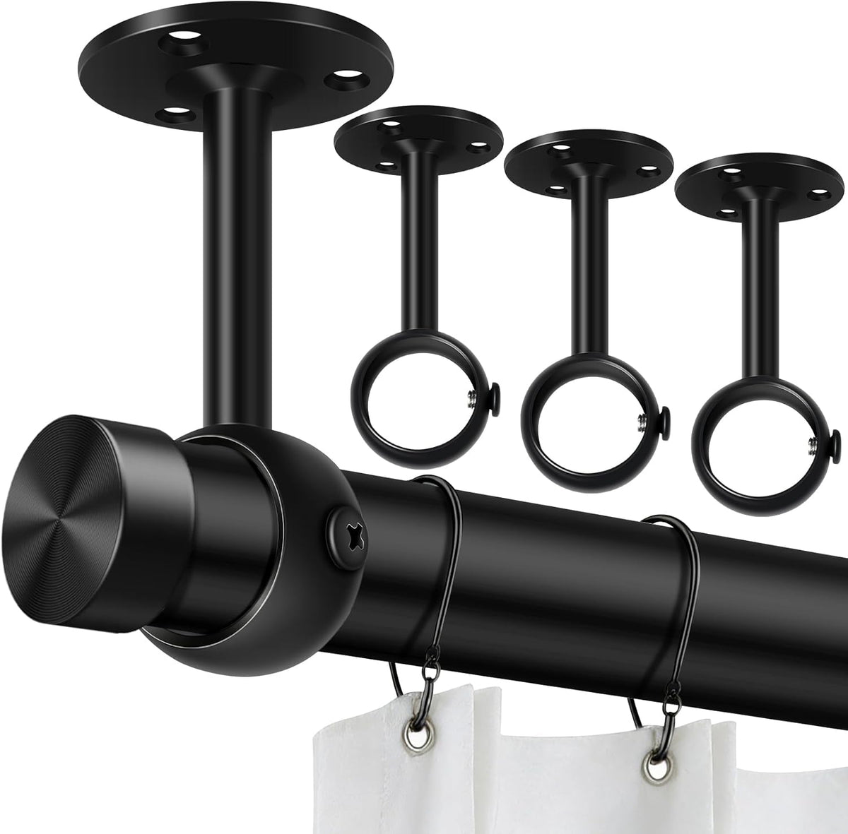 Curtain Rod Brackets, Ceiling Heavy Duty Holders, Black 4 Pack Hooks Hangers for 1 1/4-Inch Drape Poles