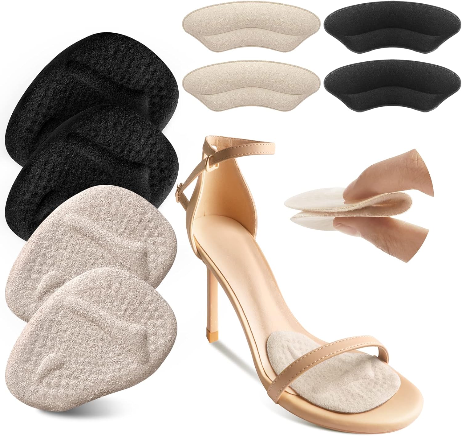 Metatarsal Pads, Ball of Foot Cushions, Heel Pads Inserts for Too Big Shoe, Reduce Foot Pain, No Slip Heel Grips Liners Shoe Pads for Loose Shoe, Blisters (Beige+Black)