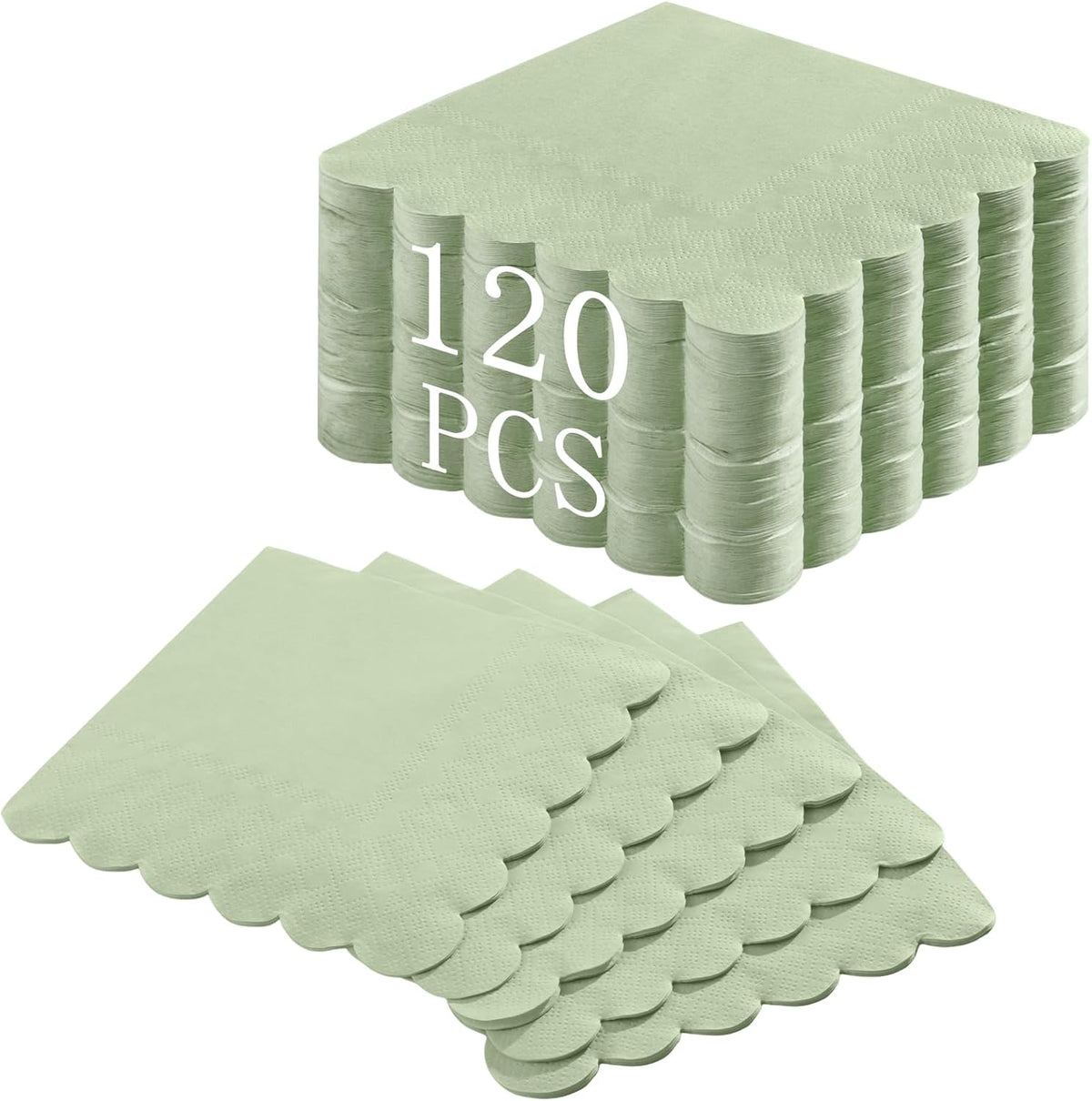 120 Pcs Cocktail Napkins Sage Green Wedding Napkins Disposable Baby Shower Scalloped Napkins for Bridal Shower, Birthday, 5 x 5 Inch