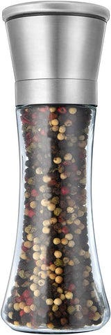 Pepper Grinder or Salt Grinder, Best Spice Mill with Ceramic Blades, Adjustable Coarseness, Brushed Stainless Steel Cap, and Refillable Tall Glass Body with 6OZ Capacity (7.5")