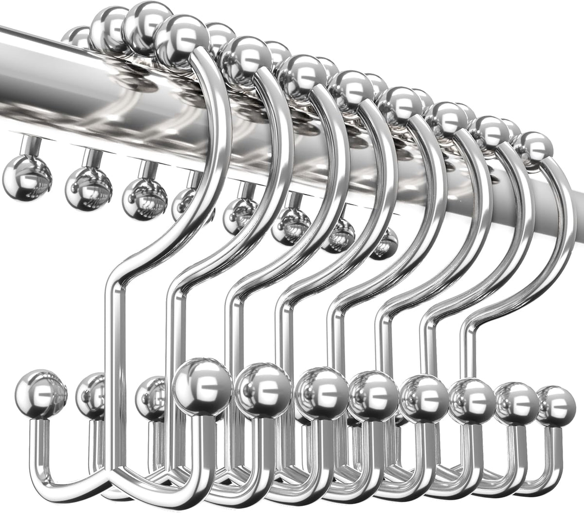 Shower Curtain Hooks Rings 12 Pack, Rust Resistant Double Roller Glide Shower Hooks for Bathroom, Shower Rods and Curtains, Nickel