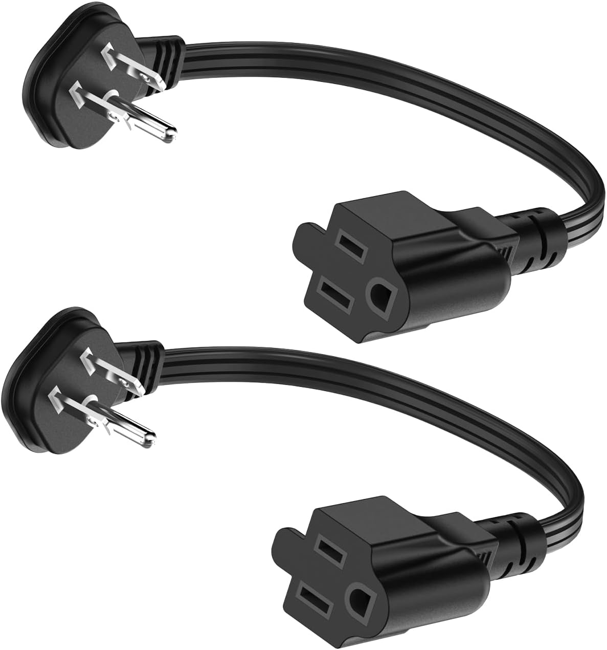 Flat Plug 1Ft Short Extension Cord, 90-Degree Plug Low Profile Power Adapter, 3-Prong Indoor Grounded Small Extension Cord Black 16AWG 13A 1625W 2 Pack