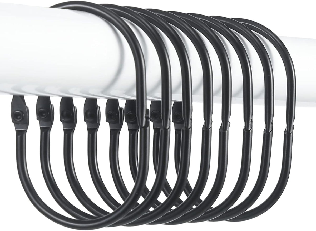 Shower Curtain Rings, 12 Pcs Shower Curtain Hooks, Oval Snap Shower Rings for Curtain, Metal Black Shower Curtain Rings Rust Proof, Glide Smoothly Shower Hooks for Shower Curtain Rod (Black)
