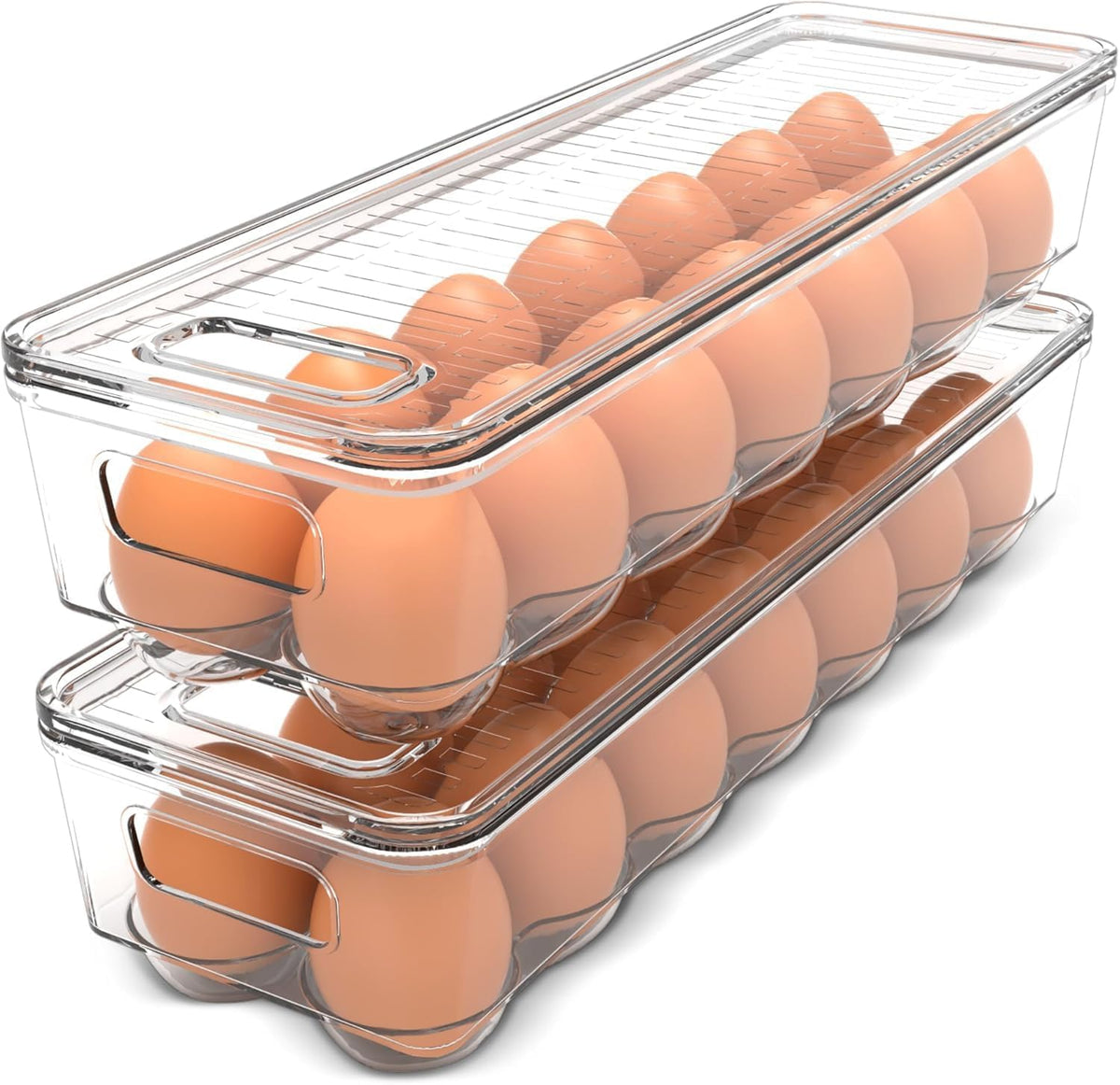 Pack of 2 - Egg Basket for fridge - Egg Holder for Fridge - 14 Egg Container With Lid & Handle, Egg Container For Refrigerator, Stackable Plastic Egg Tray with Lids (Clear)