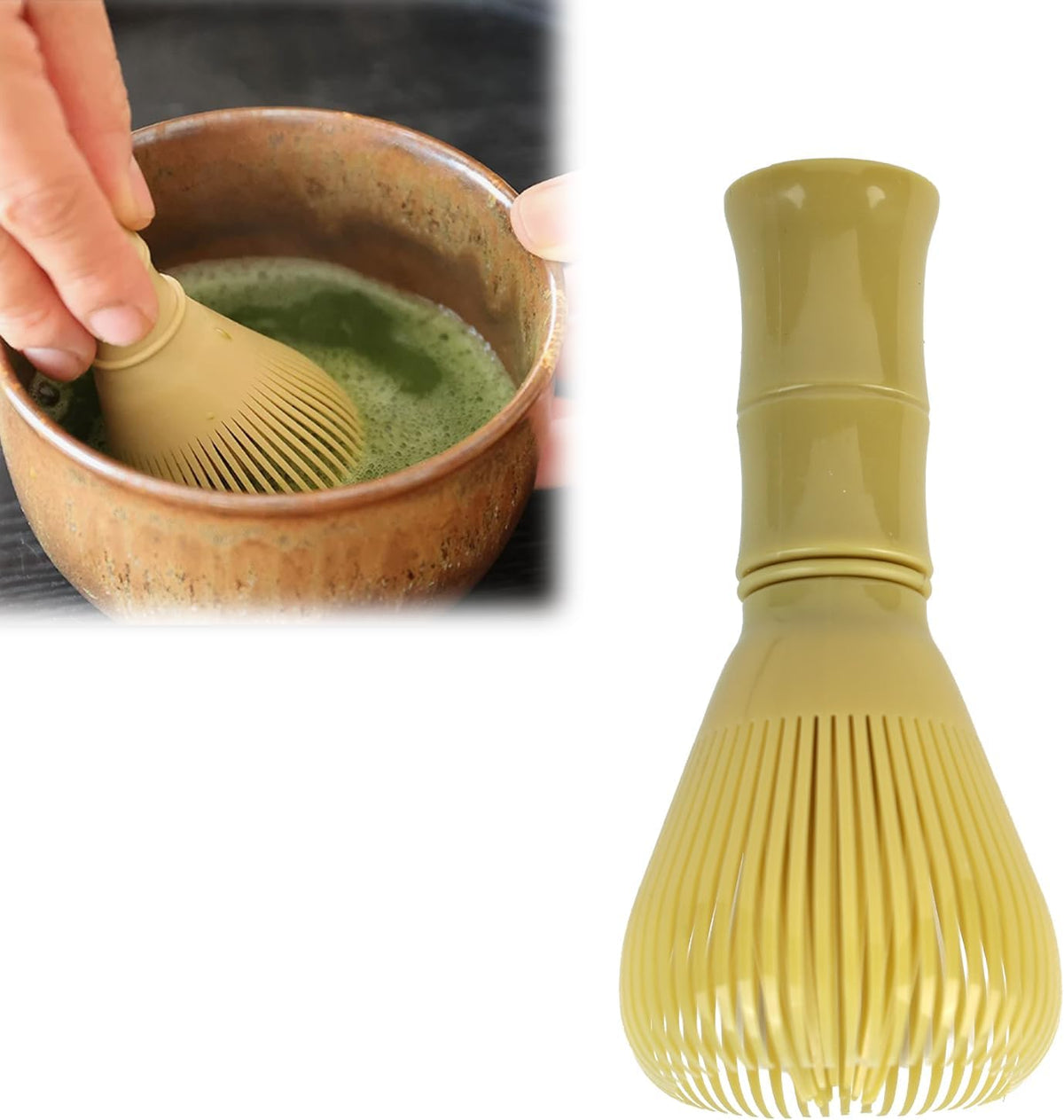 Resin matcha whisk with a handle and tines.