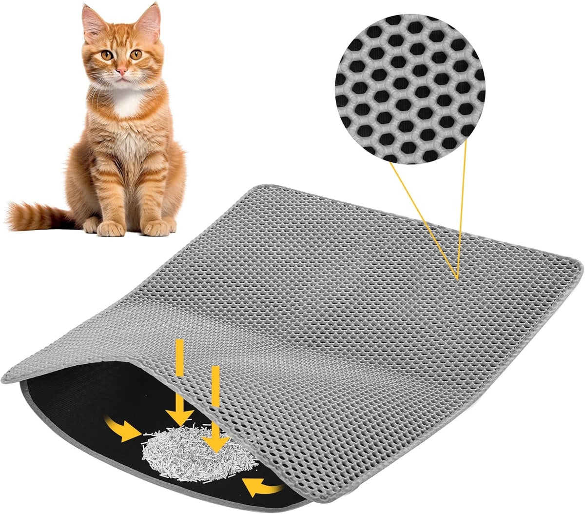 Cat Litter Mat ，60x45cm Double-Layer Honeycomb Design, Waterproof & Urine-Proof, Traps Litter to Keep Floors Clean(Gray)