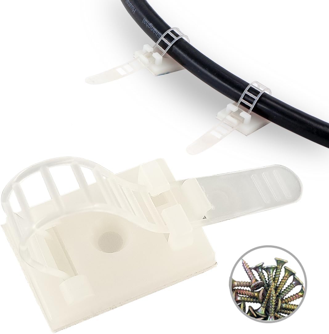Wire Management Clips Clear (Yellowish) with Screw Hole (50 Pack) Adjustable Zip Ties 3 Inch with 3M Adhesive Tape,Adhesive Clips for Christmas Lights,Desk,Wall to Hold Extension Cord