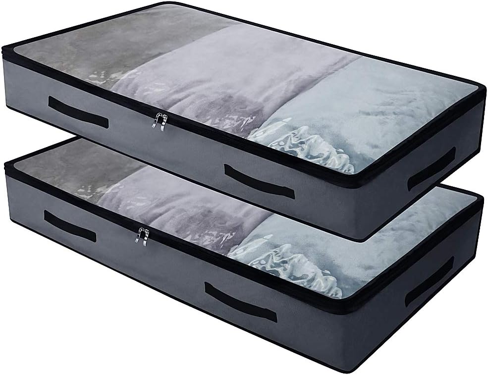 2 Pack Soft Underbed Storage Containers with 4 Handles & Transparent Lid for Easy find,Durable Material, Foldable, Dark Gray
