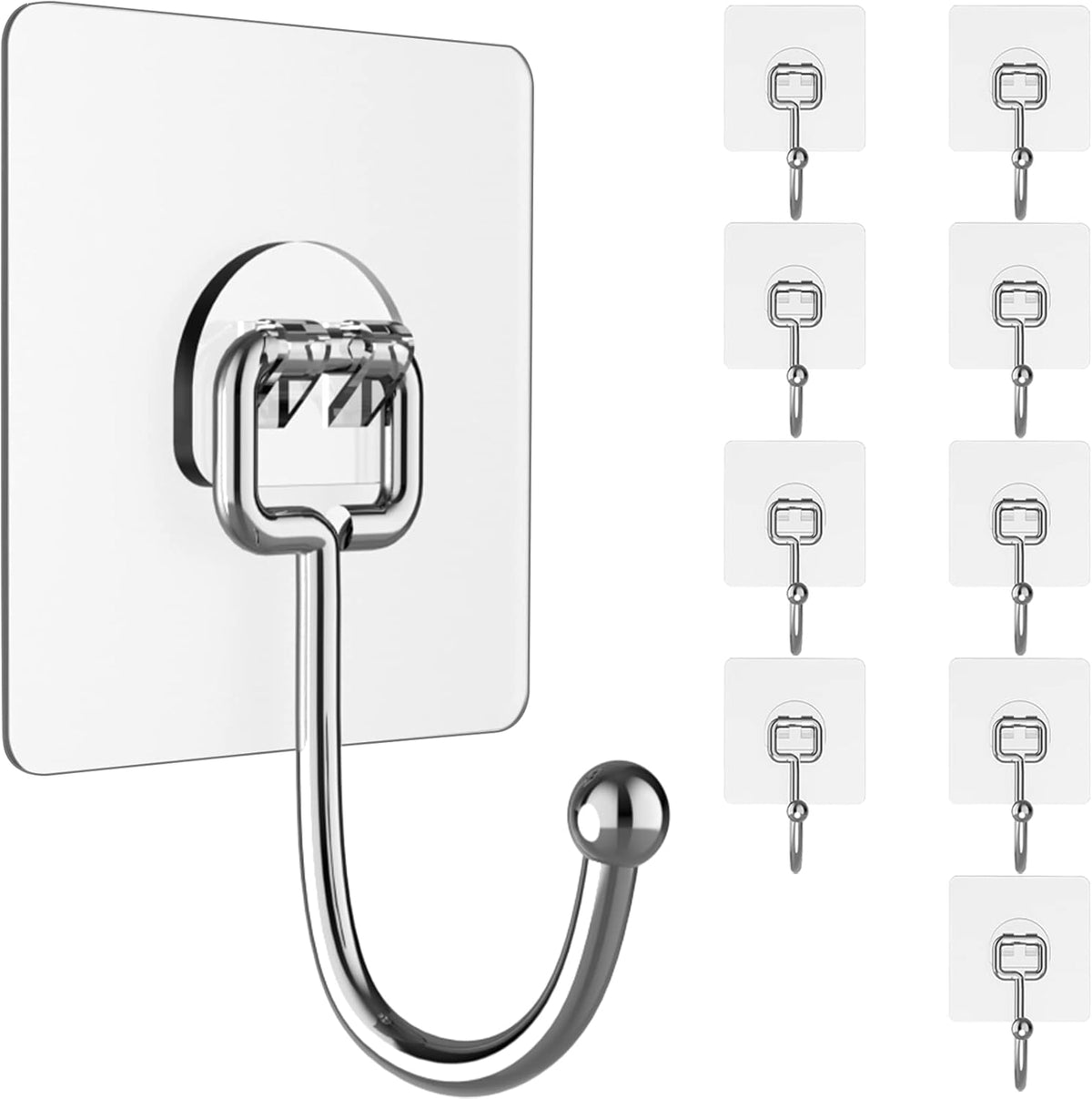 Large Adhesive Hooks for Hanging Heavy-Duty 44Ib(Max) 10 Packs, Wall Hooks Without Nails Self-Adhesive Traceless Clear and Removable, Waterproof and Rustproof Multiple Uses Bathroom Kitchen Home