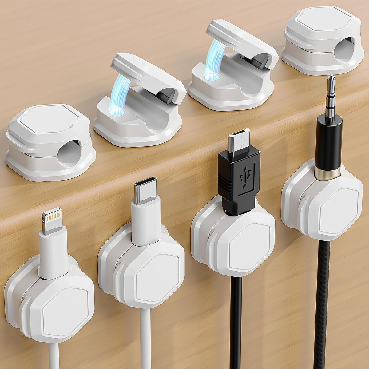 8 Pack Cord Holder - Cord Organizer - Magnetic Cable Clips - Cord Organizer for Desk, Nightstand, Phone Charger, Computer, Home, Office, Car (White)