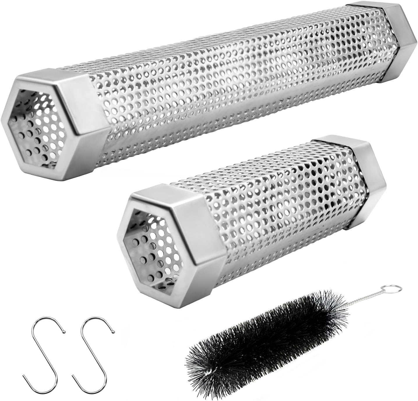 Pellet Smoker Tube Set, 6" & 12" Stainless Steel BBQ Wood Smoker Tube with Brush and 2 Hooks for 2.5hrs/5hrs of Billowing Cold/Hot Smoking for All Grills or Smokers, Smoking Cheese Beef Nuts Fish