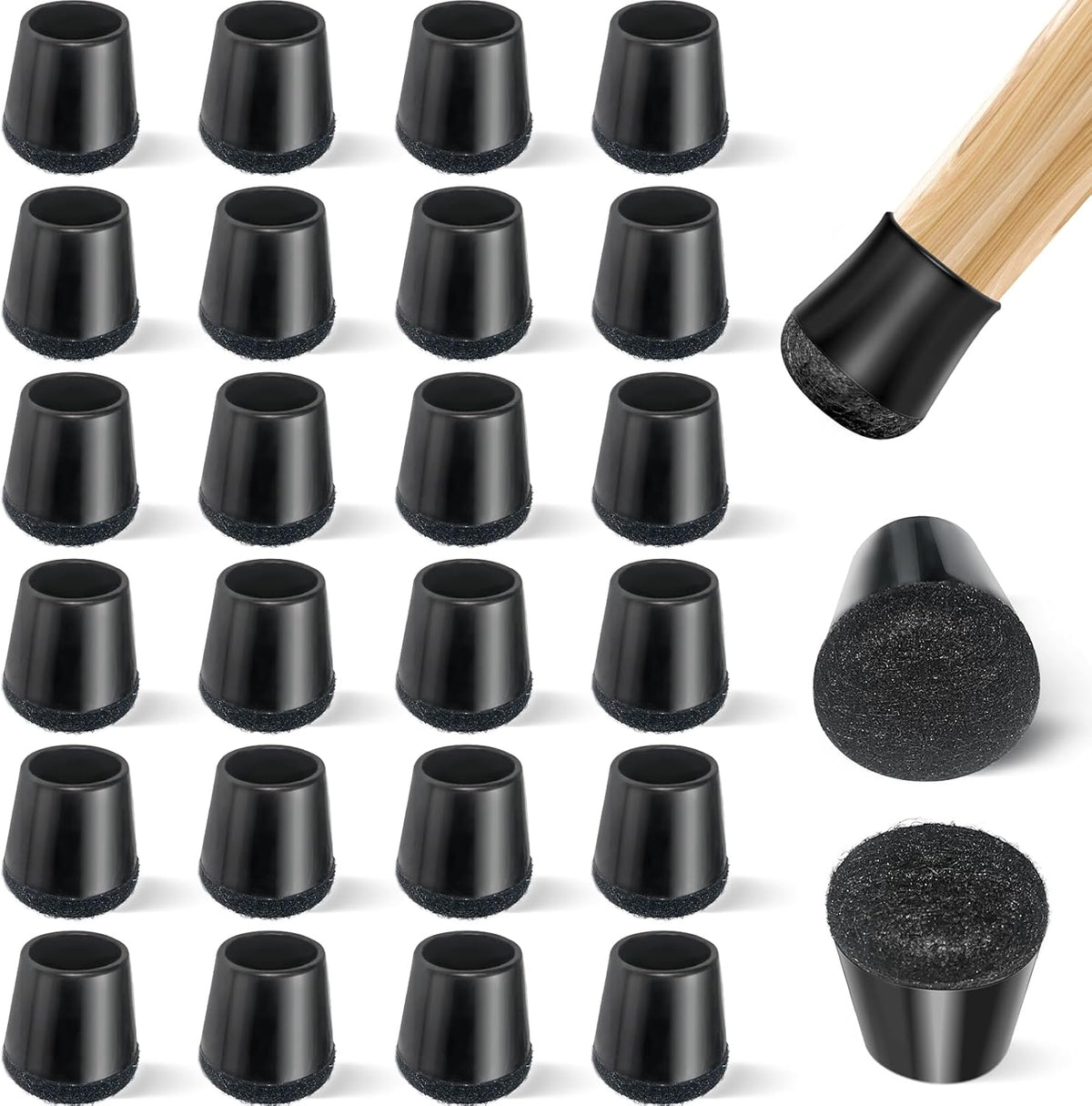 24 PCS Silicone & Felt Chair Leg Floor Protectors for Hardwood Floors - Furniture Pads, Chair Leg Covers/Cups - No Noise & Scratch-Proof - Round XS (Fits 9/16" to 12/16" / 15-19mm), Black