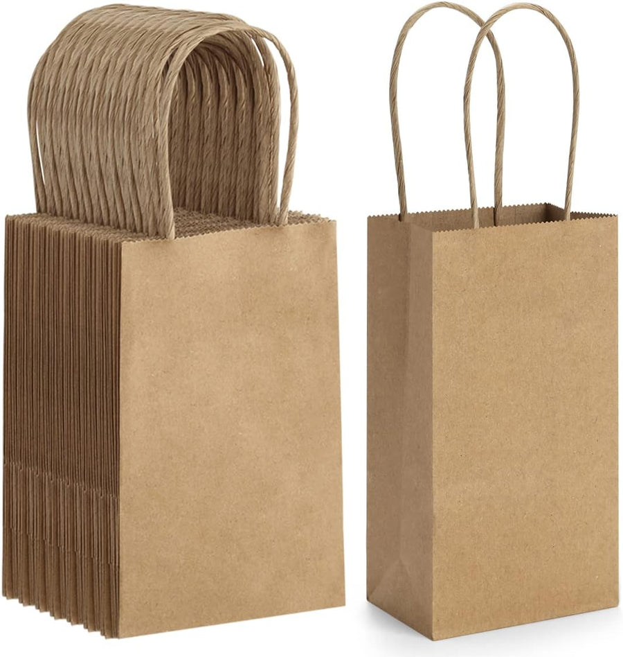50 Pack 3.5x2.4x6.7 Inches Small Kraft Paper Gift Bags with Handles Bulk Mini Party Favor Bags Candy Bags 100% Recyclable Brown Paper Bag
