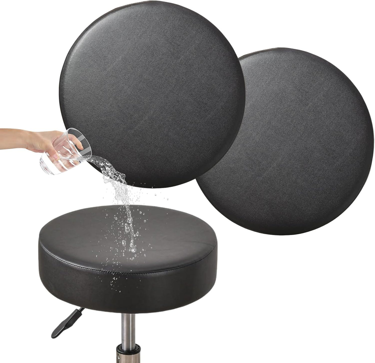Bar Stool Covers Round Set of 2, Waterproof PU Seat Covers With Elastic Bands, Chair Covers Washable Cushion Slipcover for 12-15 Inch - Black