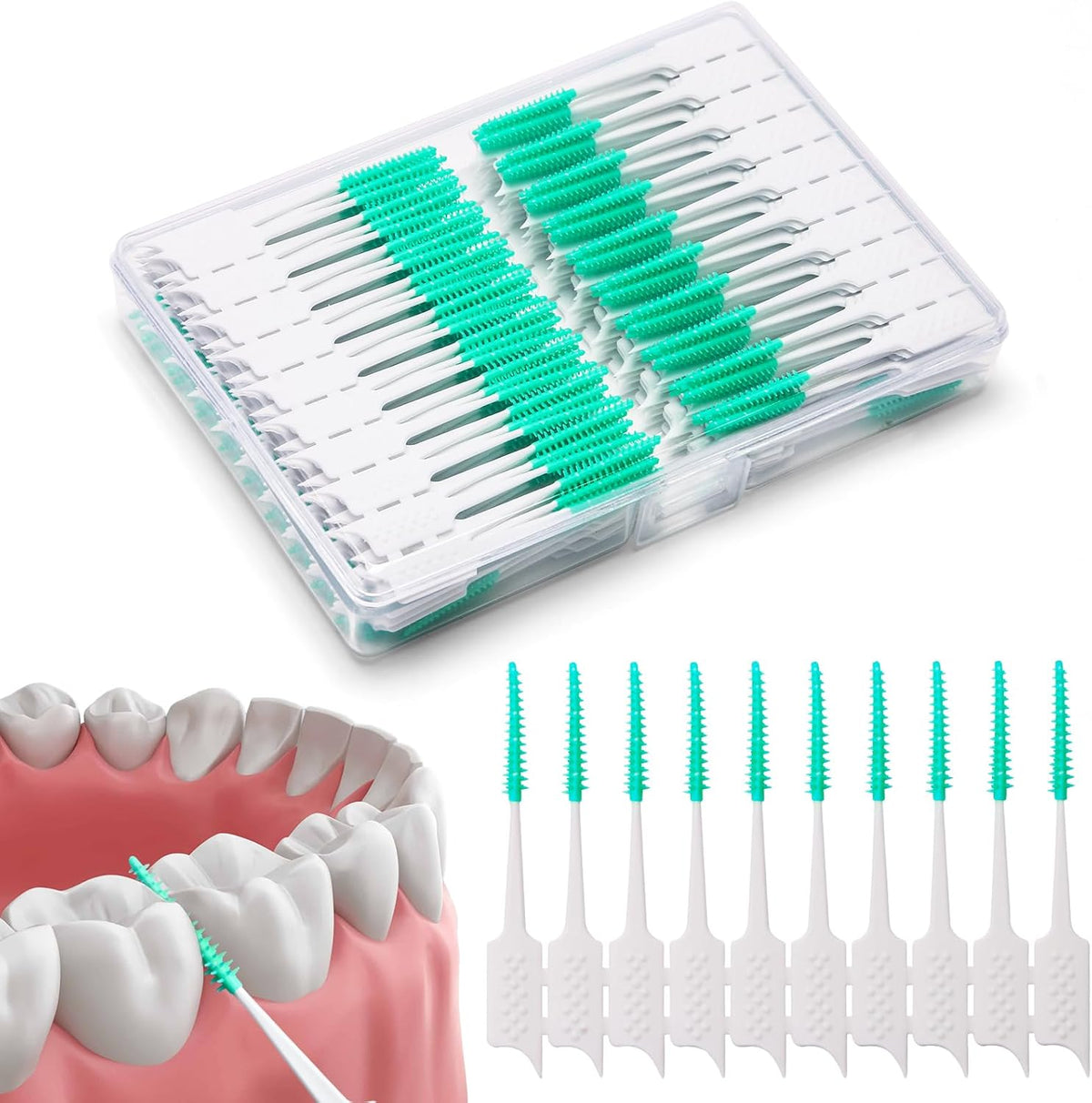 300 Pieces Interdental Brushes,Braces Brush with Silicone Head,Dental Tooth Flossing Toothpick Cleaners Tooth Tool, Green