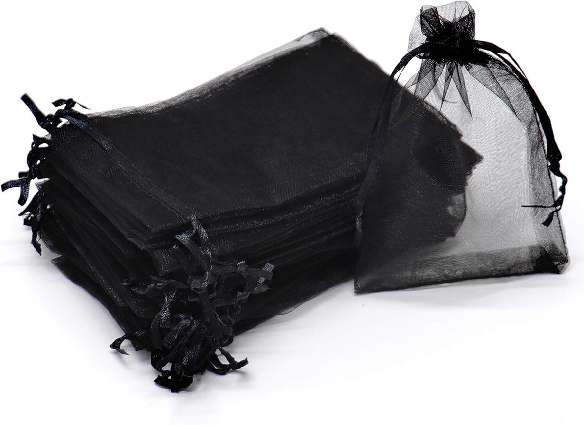 100Pcs Black Organza Bags 3x4 Inch, Small Mesh Jewelry Bags Drawstring Gift Bag Wedding Party Favor Halloween Candy Treat Pouches
