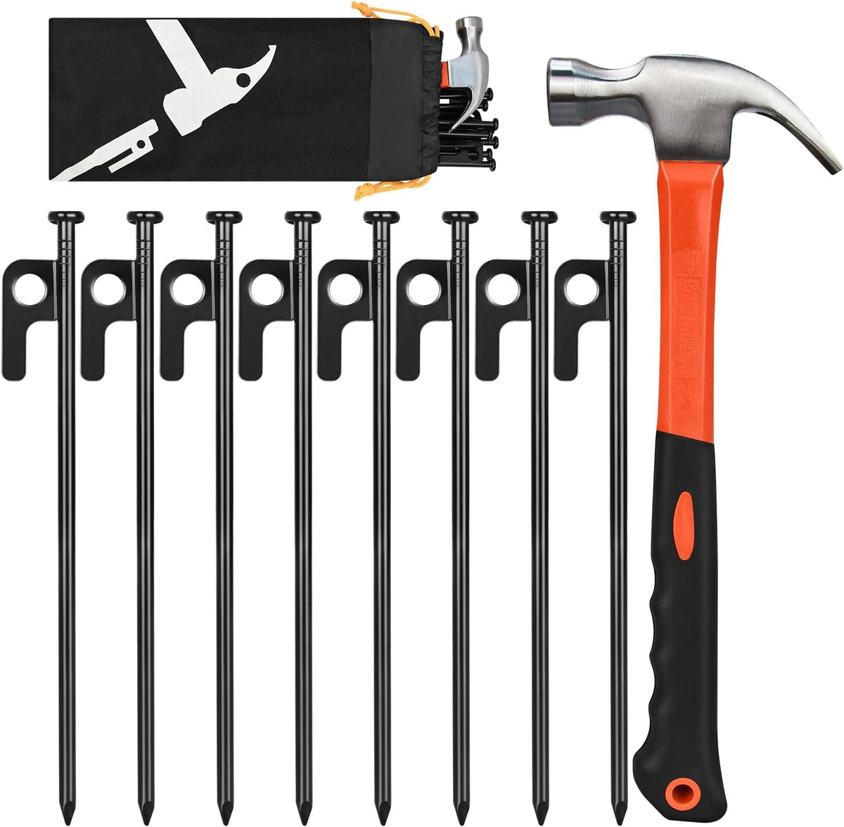 8 Pack 8in Heavy Duty Forged Steel Tent Stakes and Hammer Set, with Storage Pouch, Available in Rocky Place