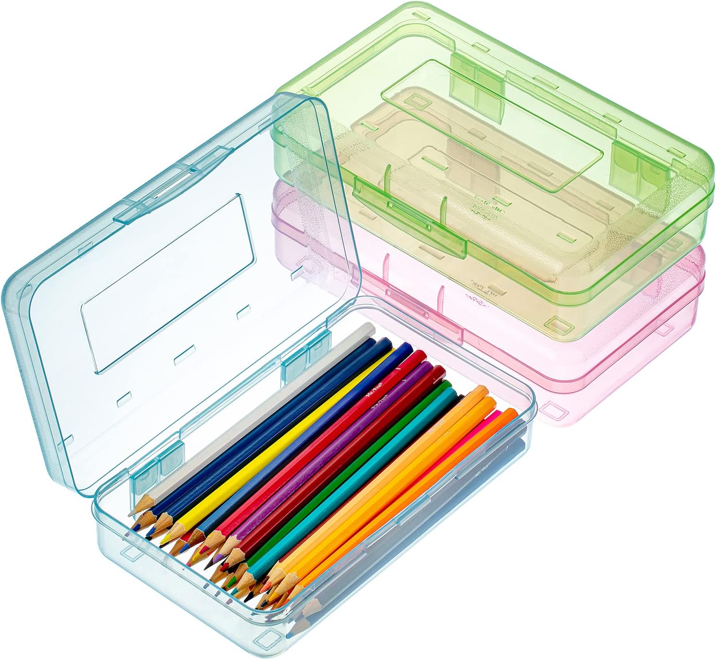 - Clear Pencil Boxes, 3 Pack, Assorted Colors, Snap-Tight Lid, Plastic Pencil Box Organizer