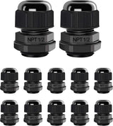 12 Pcs 1/2" NPT Cable Glands Nylon PA66, IP68 Waterproof Adjustable Power Strain Relief Cord Grips, Junction Box Wire Gland Grip Connectors with Gaskets and Locknut, Black