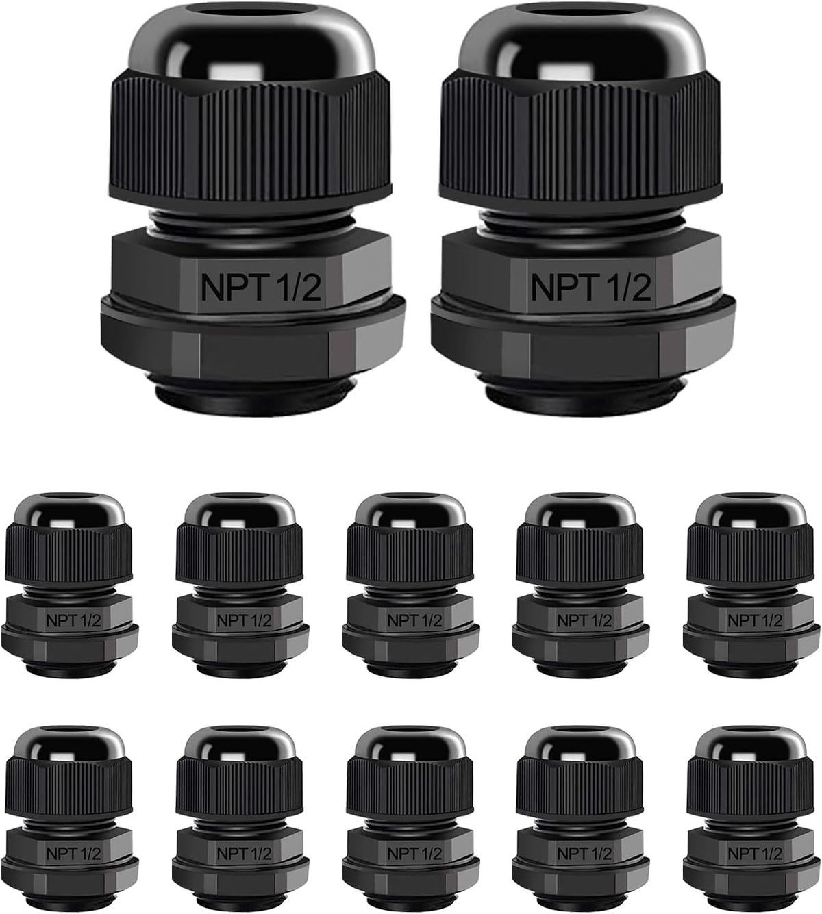 12 Pcs 1/2" NPT Cable Glands Nylon PA66, IP68 Waterproof Adjustable Power Strain Relief Cord Grips, Junction Box Wire Gland Grip Connectors with Gaskets and Locknut, Black