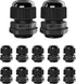 12 Pcs 1/2" NPT Cable Glands Nylon PA66, IP68 Waterproof Adjustable Power Strain Relief Cord Grips, Junction Box Wire Gland Grip Connectors with Gaskets and Locknut, Black