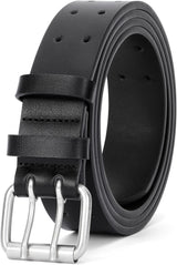 Men Double Prong PU Leather Belt Casual Work Heavy Duty Belt Double Grommet Holes Belt for Jeans