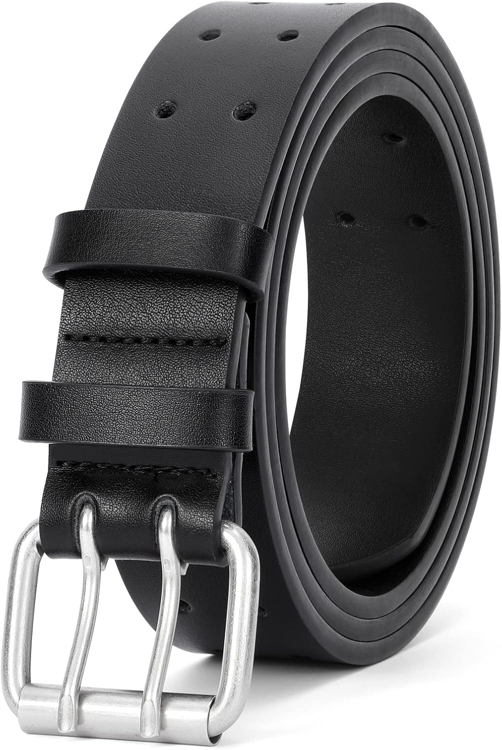 Men Double Prong PU Leather Belt Casual Work Heavy Duty Belt Double Grommet Holes Belt for Jeans