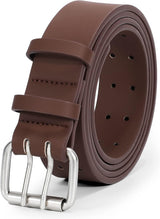 Men Double Prong PU Leather Belt Casual Work Heavy Duty Belt Double Grommet Holes Belt for Jeans
