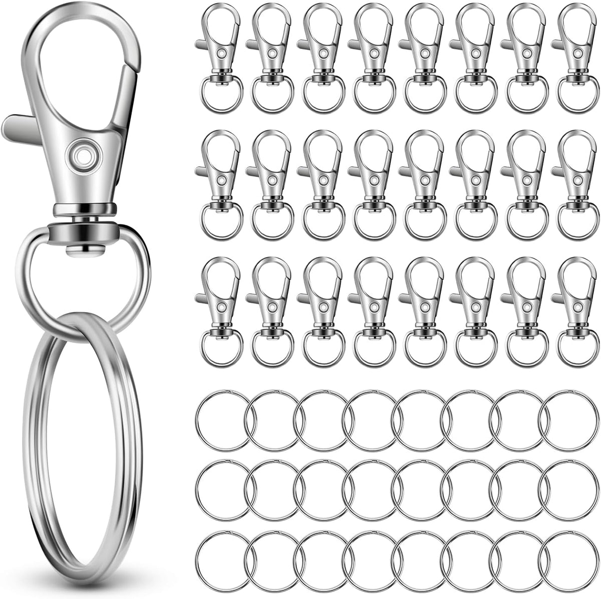 50 PCS in 25 Sets, Metal Swivel Lobster Claw Clasps, Keychain Clip with Large Key Ring, Premium Keychains Clips, Snap Hooks and Sturdy Key Rings, for Key Chain Making Kit， (Silver)