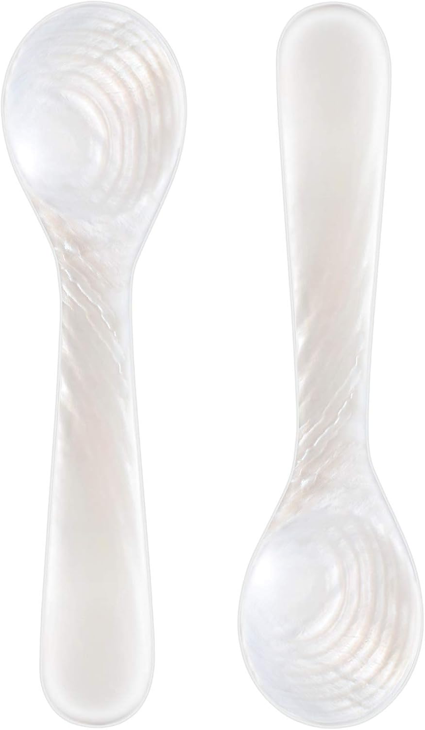 2 Pieces Set of Caviar Spoons Mother of Pearl Spoons with Handcraft Round Handle for Caviar, Egg, Ice Cream, Coffee, Kitchen, Restaurant for Serving Caviars (9cm/3.54 Inch)